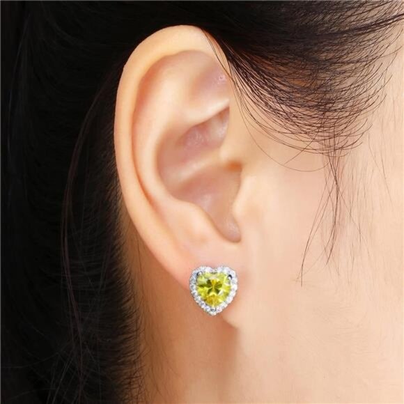 Yellow Heart Halo Stud Earrings Cubic Zirconia Simulated Diamond Jewelry - Picture 6 of 7